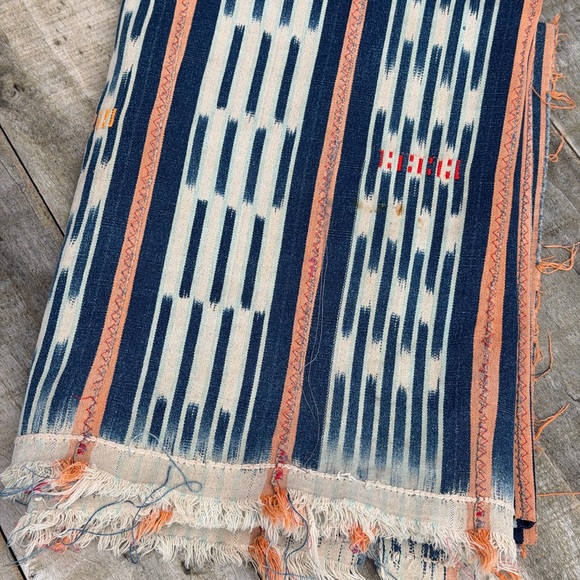 Vintage African Indigo Baule Mudcloth Orange Stripes 55” L x 42” WNo. 123